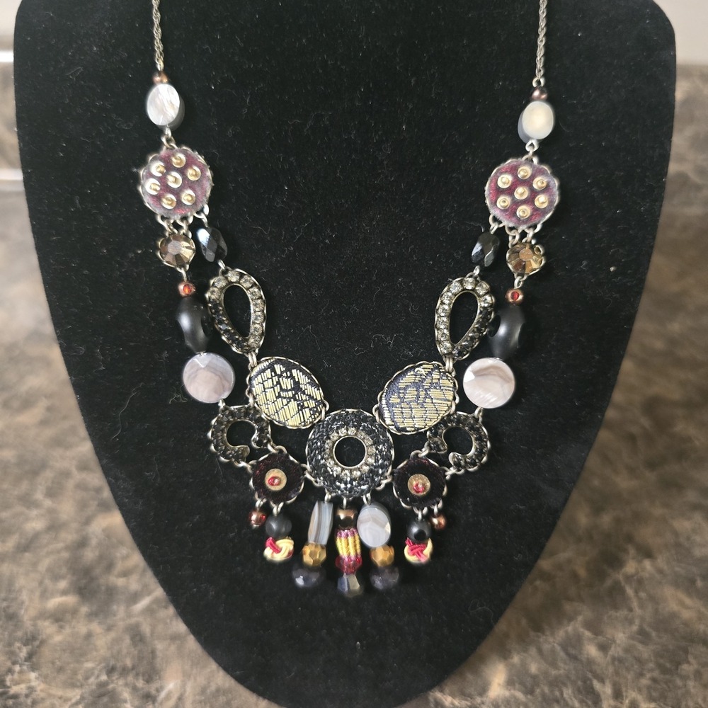Ayala Bar Necklace Silver Black Crystals Mixed Media Artist Signed